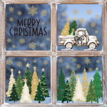 4-Pack Horaldaily Christmas Window Decals: Features Christmas Trees, Cars, and Golden Snowflakes for Home, Party, or Shop Window Decoration.