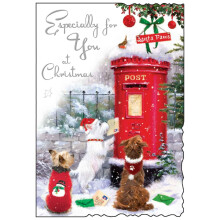 Especially for You Christmas Card - Dogs and Post Box in the Snow - Artistic Festive Design - Special Finishes and Illustrated Insert Leaf