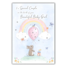 New Baby Girl Birth Congratulations Card - To a Special Couple - Cute Artistic Rabbit and Rainbow Design - Made in the UK - Eco-Friendly