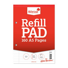 Silvine 160 Page A5 Refill Pad, Head Bound and Punched 2 Holes. Ruled 8mm Feint with Margin. Ref A5RPFM