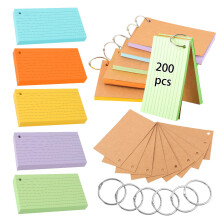 Flash Cards, 200 PCS Ruled Index Cards Revision Cards with Binder Ring Kraft Paper Notecards Lined Index Cards for Office School Home Study Record