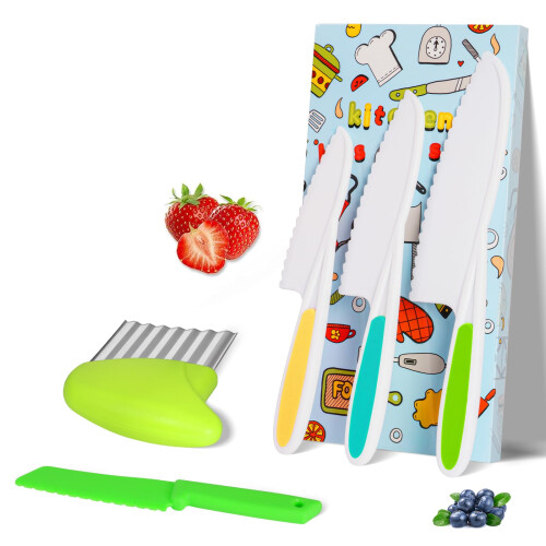 HOTUT 5 Pcs Kids Plastic Knives Set, Kids Knife for Chopping, Child Safety Kitchen Knives in 4 Sizes