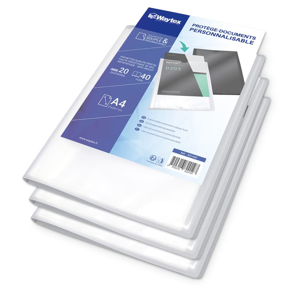 Waytex 931440P Document Protector A4 Customisable (Pack Of 3) 40 Views 20 Pockets Polypropylene Cover Transparent 5051226847547