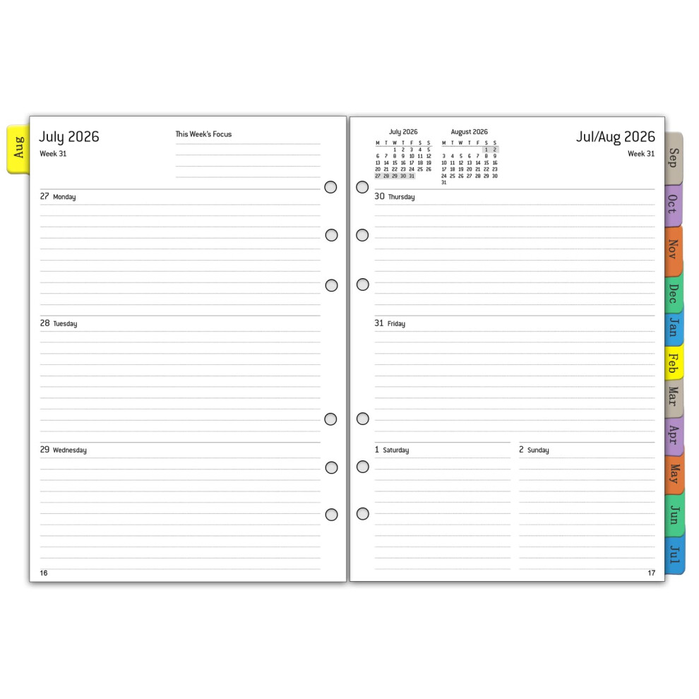 Yhh Academic Diary 2026 2027 Refill A5, Week On 2 Pages, Weekly & Monthly Planner With Tabs, Notes, Contact, Timetable, August 2026 To July 2027