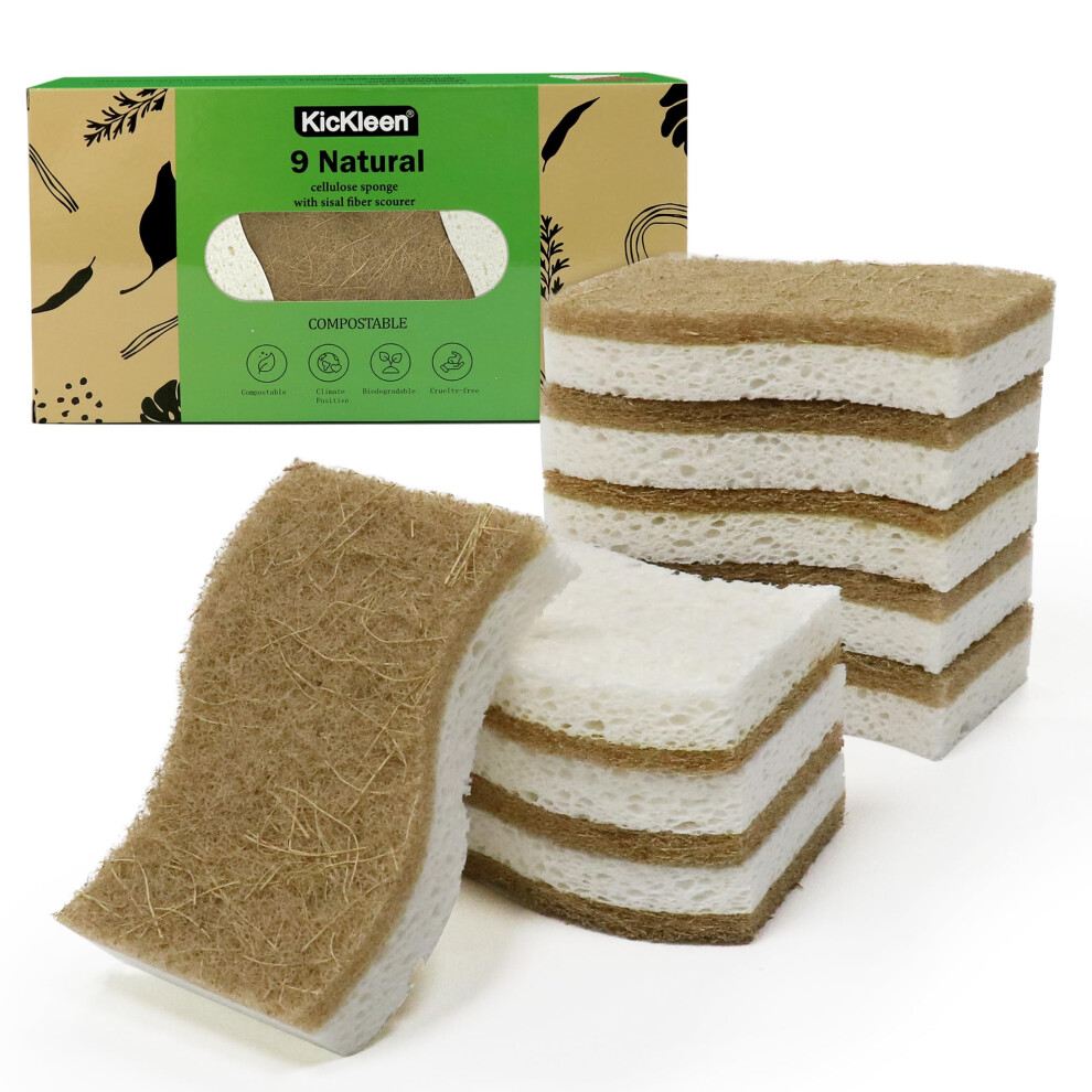 Kickleen 9 Pack Biodegradable Natural Kitchen Sponge - Compostable Cellulose And Coconut Walnut Scrubber Sponge 5051226793370
