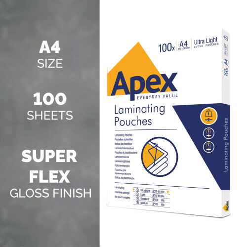 Fellowes Fellowes Apex A4 Laminating Pouches, Glossy Finish, 100 Sheets - Super-Flex - Id 1