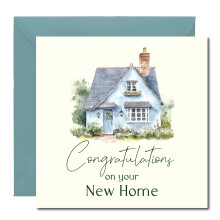 Congratulations on you New Home Greetings Card - Watercolour Style Blue House - Includes Deep Teal Coloured Envelope
