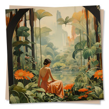 Art Deco Greeting Card – Lady by Pond with Skyscraper Scene – Blank Inside (135 x 135 mm) – Made in UK – with Envelope