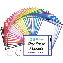 Dunflop 30 PC Reusable Dry Erase Pockets Sleeves, 2 Rings Transparent Sheets Erasable Pockets, Drawing Board, Clear Sheet Protector