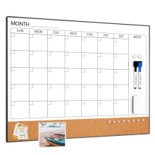 ARCOBIS Dry Erase Calendar with Cork Board for Wall, 60 x 45 Magnetic Calendar Whiteboard with Black Frame, Monthly Combination Board for School