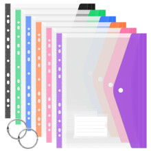 JEFURE A4 Plastic Wallets 6PCS, Colorful Punched Pockets, Expandable Plastic Folders with Label Pocket, Button and Ring Binders, Suitable for Office