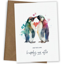Congratulations Wedding Day Card for Bride & Groom - Happily Ever After - Watercolour Penguins