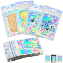 60 Pieces Mylar Holographic Foil Ziplock Pouches - 6x10cm Resealable Small Sweet Glossy Poly Zip Lock Food Storage for Candy, Jewelry, Packaging