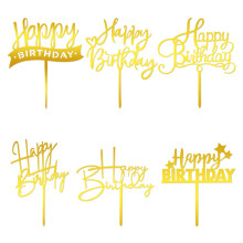 6 Pcs Gold Happy Birthday Sign - Acrylic Cake Toppers - Personalized Golden Cupcake Toppers - Cake Decor Supplies