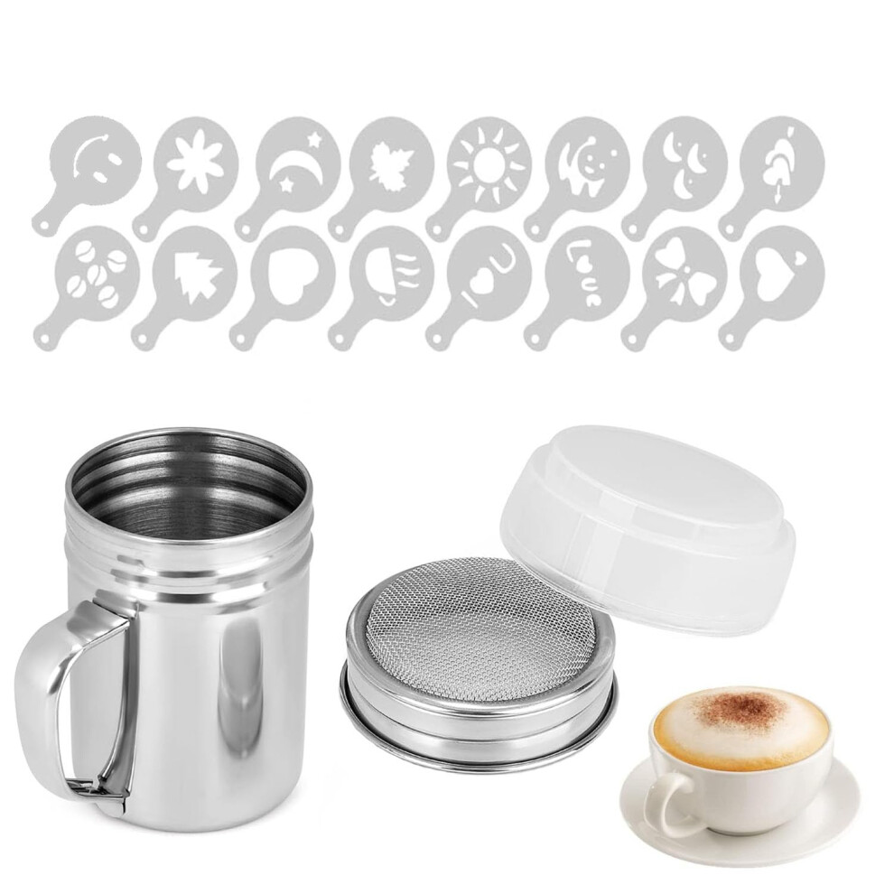 Sujibhi Flour Shakers With Handle Stainless Steel Container Sifter Chocolate Powder Shaker With 16 Coffee Molds Stencils For Kitchen Diy Cappuccino Sugar