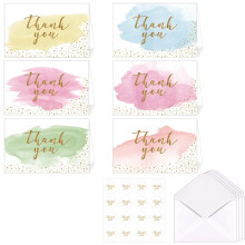 Thank You Greeting Cards, Pack of 12 Blank Gold Foiled Watercolour Postcards With 12 Stickers, Used for Birthday, Wedding, Business, Mothers, Fathers