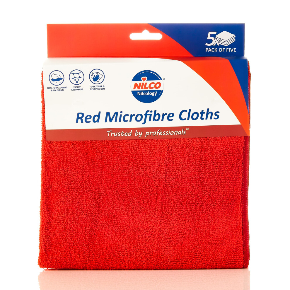 Nilco Microfibre Cloths 5 Pack, Non-Abrasive, Highly Absorbent And Streak-Free Cleaning Cloths For All Surfaces Red