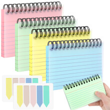 Tikplus Revision Cards, 200 Sheets Coloured Spiral Bound Flash Cards, Lined Index Cards with Protective Cover and Index Tabs, Record Cards for Office