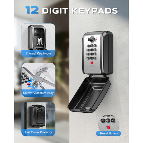 Mohard Key Safe Wall Mounted, 12 Digit Combination Security Lock Box with Code, Large Capacity & Weatherproof Push Button Keysafe Outdoor 1