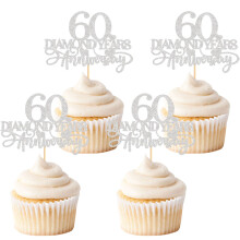 Blumomon 24Pcs 60th Wedding Anniversary Cupcake Toppers - Silver Glitter Diamond Cake Decoration for Celebration Party Supplies