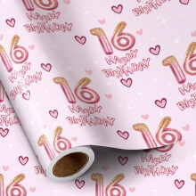 RUSPEPA 16th Birthday Wrapping Paper Girls, Hearts and Pink Number 16 Balloons Happy Birthday Design, 16 Years Old, Mini Roll, 43.2cm x 5m