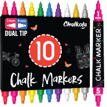 Chalkola Dual Tip Liquid Chalk Pens for Blackboard - (10 Pack, 1mm+5mm Fine, Bold Tip, w/Gold Silver) | Wet Erase