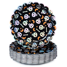 Halloween Paper Plates, 50-Count Disposable Halloween Dinner Plates, Scalloped, Party Supplies, Skull, Iridescent Silver Foil