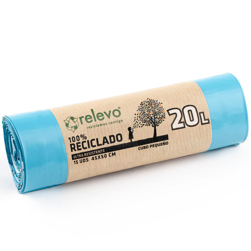 Relevo 20L Bin Bags Â Small Bin Bags Made Of 30 Âµm (Micron) Thick 100% Recycled Plastic. Contains 15 Sanitary Disposal Bags