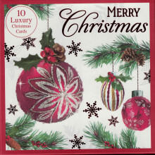 Box of 10 Luxury Christmas Cards with Envelopes – Assorted Traditional Designs – Red Baubles, Holly & Snowflakes – “Merry Christmas” Front