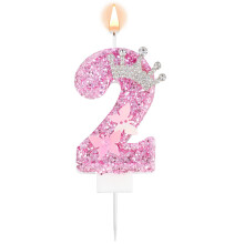 Pink Number Birthday Candle, 2nd Second Two Glittery Crown Butterfly Sparkling Sequin Cake Topper Decorations for Birthday Party Wedding Anniversary