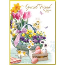 Friend Easter Card - Spring Flowers in Basket with Decorated Eggs and Gold Foil 7.5x5.25