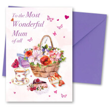Mothers Day Card. Card for Mum. Watercolour Basket Design with Matching Envelope. Size 210 x 148mm. Ecofriendly. Printed and Packed in UK.