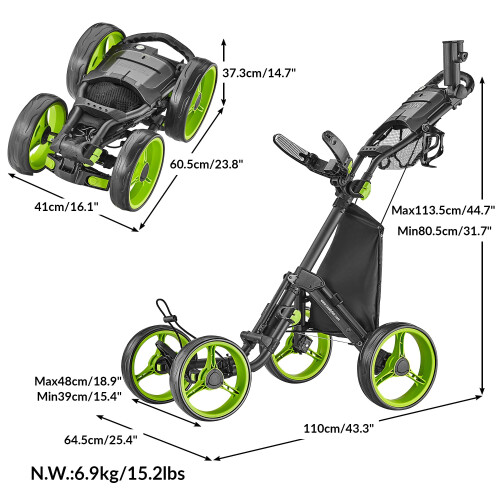 Caddytek 4 Wheel Golf Push Cart - Compact, Lightweight, Close Folding Push Pull Caddy Cart Trolley - Explorer V8, lime, one size 1