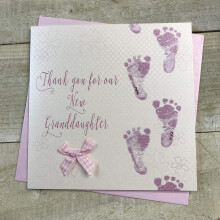 WHITE COTTON CARDS Thank you for Our New Granddaughter handmade Baby card- Pink Footprints WB225-OGD,16cm x 16cm
