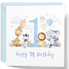 1st Birthday Card for Boys, Cute Jungle Safari Animals, Happy Birthday Card for One Year Old (Blue)