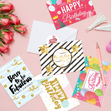 DEEPLAY 24 Holographic Birthday Card Assortment, Foil Gold Blank Greeting Card, Birthday Cards with Envelopes and Stickers, Glossy Elegant Bulk Happy