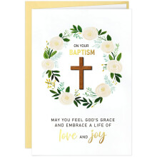 DISJOURNEY Christening Card - Floral Baptism Card with Solid Wood Cross - Gold Foil Religious Gift with Envelope & Seal Sticker for Girl Boy Women