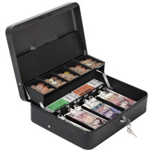 HAITRAL Metal Cash Box with Key Lock, Note and Coin Safe Box, Portable Large Double Layer Cash Box with Fixed Coin Tray and 2 Keys