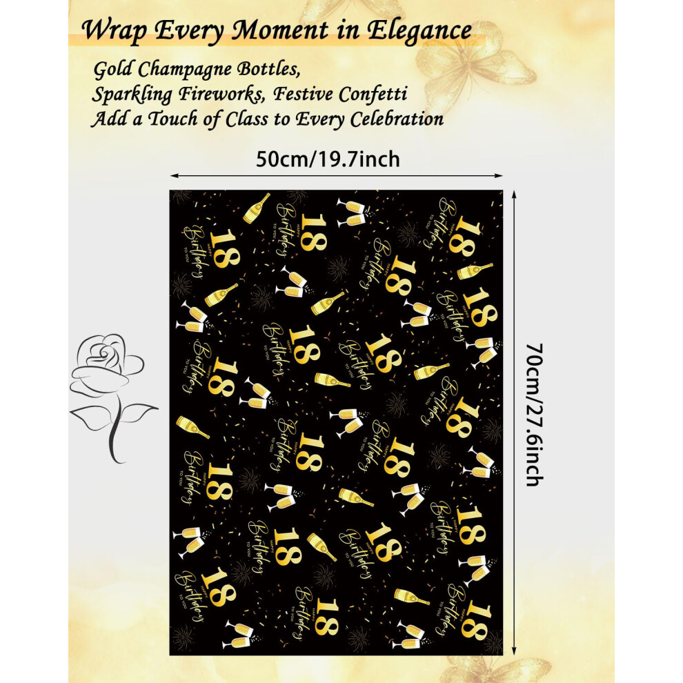 Photos - Garden & Outdoor Decoration Vinuwu 6 Sheets 18th Birthday Wrapping Paper, 70x50cm Black & Gold Celebration Happy Birthday Gift Wrap Paper for Boys Girls