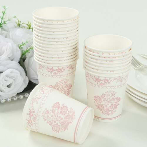 Copos de papel florais BalsaCircle com borda dourada (24 unidades)
