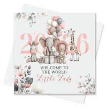 Born In 2026 Card for Baby Girl - Welcome To The World Little Lady Greeting Card for Newborn (Safari Card - 2026, Pink)