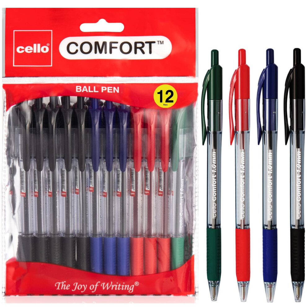 Cello Assorted Coloured Ballpoint Pens - Premium Retractable Biro Pens With Ergonomic Grip, Medium Point 1.0Mm, Pack Of 12 - Ideal For Office