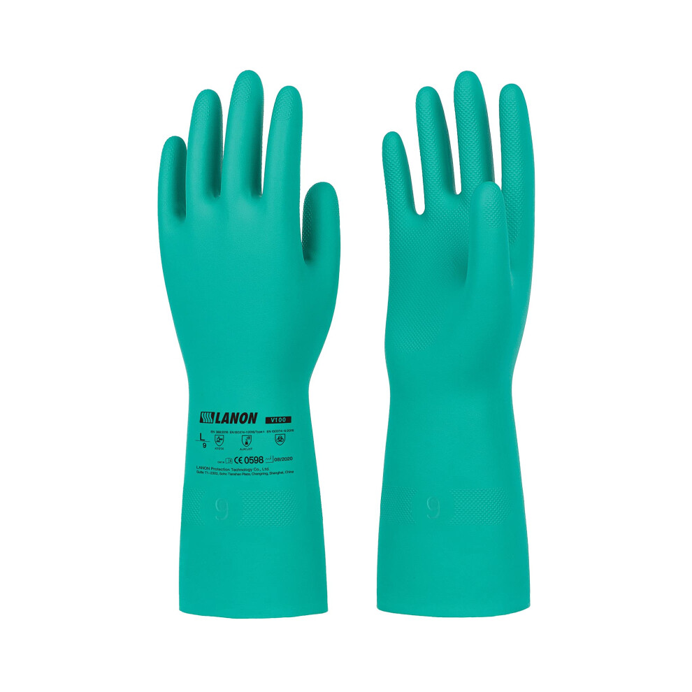 Lanon 3 Pairs Nitrile Chemical Resistant Gloves, Reusable Heavy-Duty Work Gloves, Acid, Alkali And Oil Protection, En 374, Non-Slip, Large 5051226986666