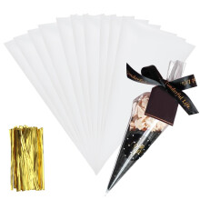 MAHIONG 500 Pcs Sweet Cone Bags with Ties, 13 x 25cm Clear Sweet Bags, Empty Cellophane Gift Treat Bags for Parties, Birthdays, and Events