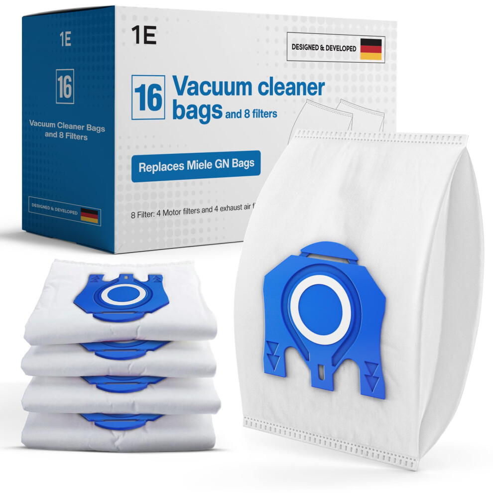 16 Vacuum Hoover Bags For Miele Vacuum Cleaners [Complete C3 & C2, Classic C1] Replaces Gn Including 4 Motor & 4 Exhaust Filters [S8000, S5000, S2000 5051226919305