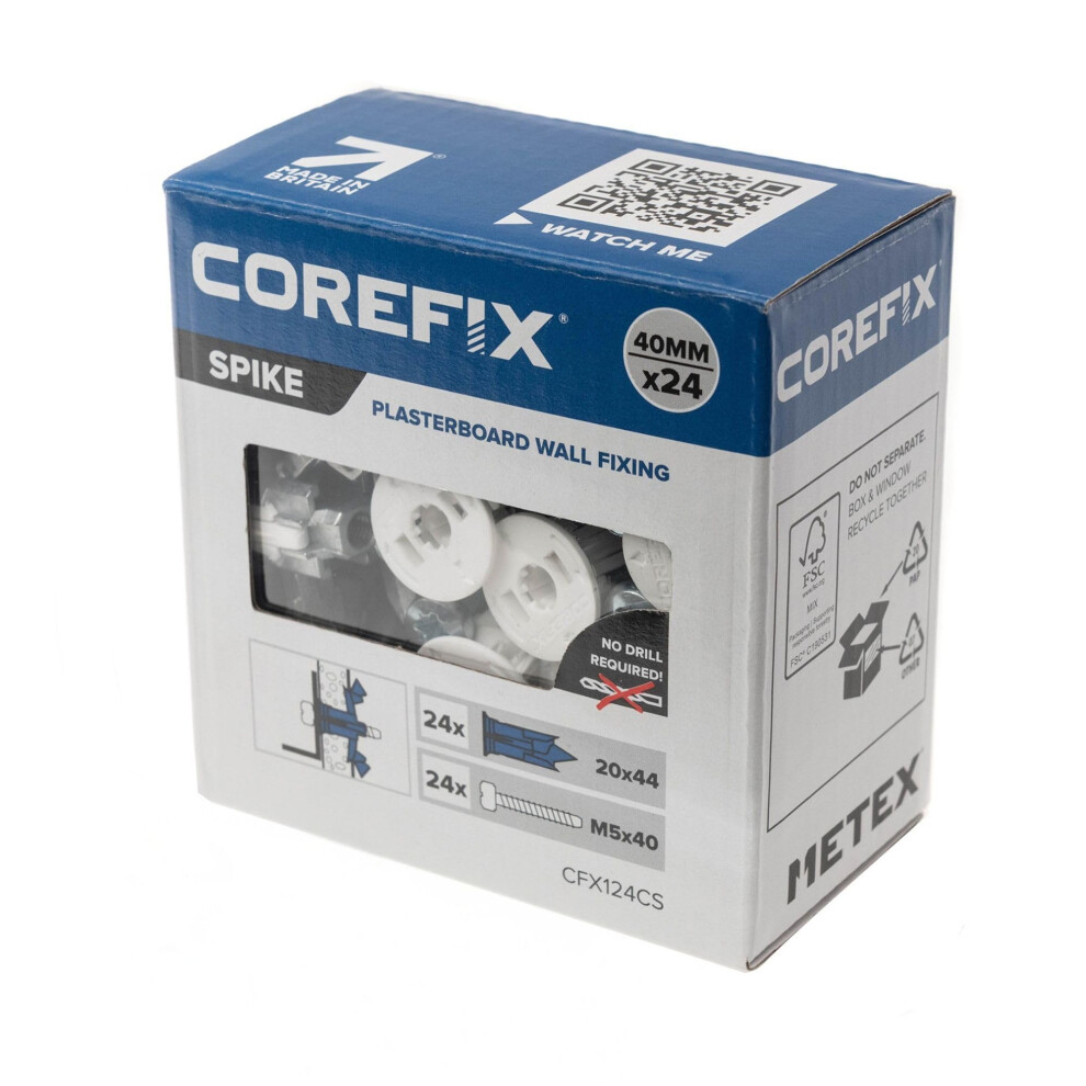 Corefix Spike Heavy Duty Plasterboard Fixings 24 Pack, Diy Kit With M5x40mm Screws. Easy To Install With No Drill Required. Drywall Anchor, Wall Plug 5005784397297