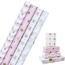 Birthday Gift Wrapping Paper Roll: Pink Recyclable Wrapping Paper for Birthday Party Decoration - 4 Rolls, 43cm x 3M