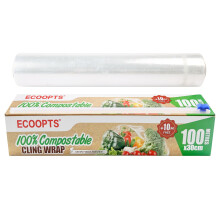 ECOOPTS 100% Compostable Cling Film with Slide Cutter | Free from BPA&Biodegradable | Microwave & Freezer Safe Cling Wrap | 30cm x110m