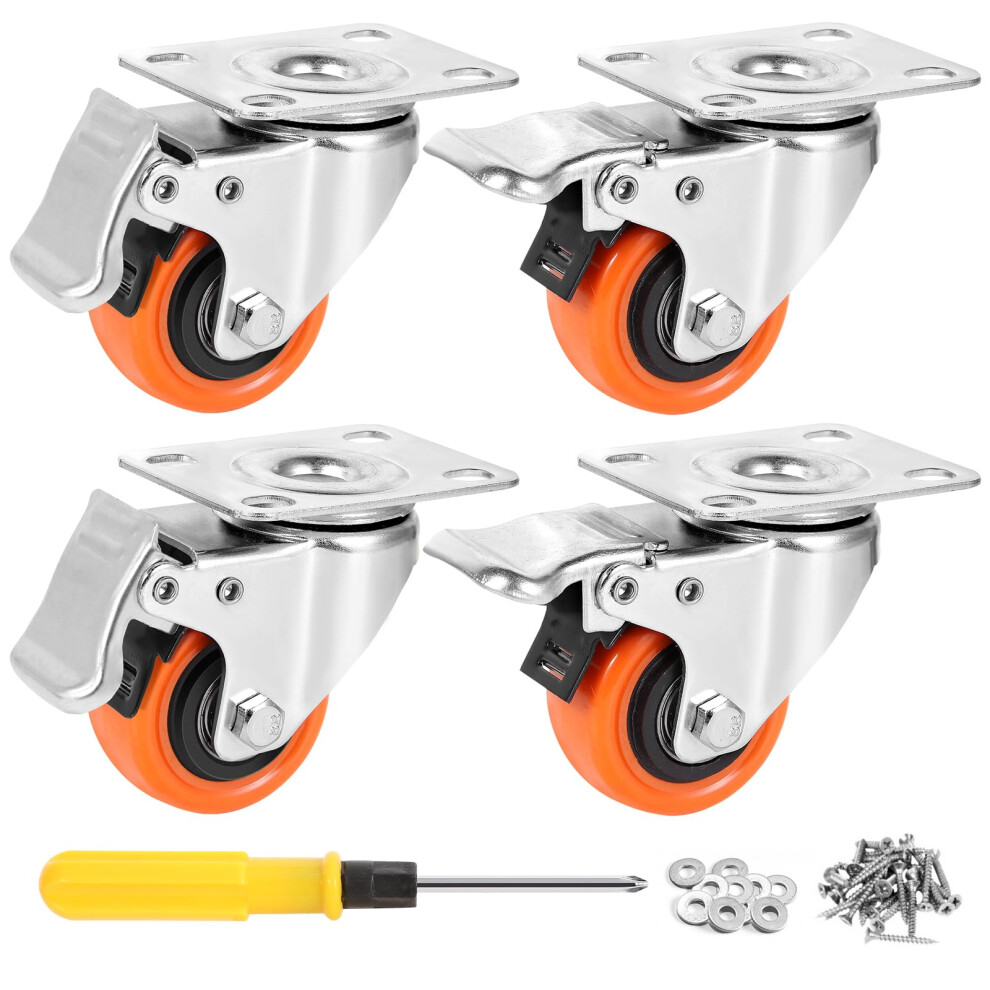 W B D Weibida 2-Inch Plate Swivel Caster Wheels With Dual Locking, 600 Lbs Load Capacity Orange Polyurethane Castors 5051226896446