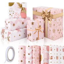 GAOHUI Pink Wrapping Paper, Birthday Wrapping Paper with Tape - Cute Girls Gift Wrap Sheets for Christmas, Mothers Day, Valentine Day, Birthday